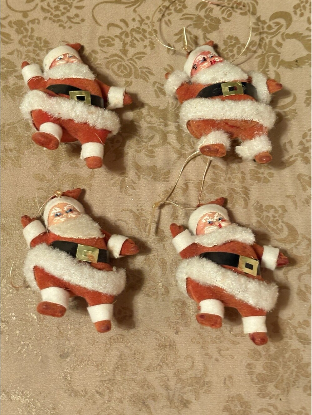 Vintage MCM Kitschy Flocked Blow Mold Dancing Santa Claus Ornaments Lot Of 4